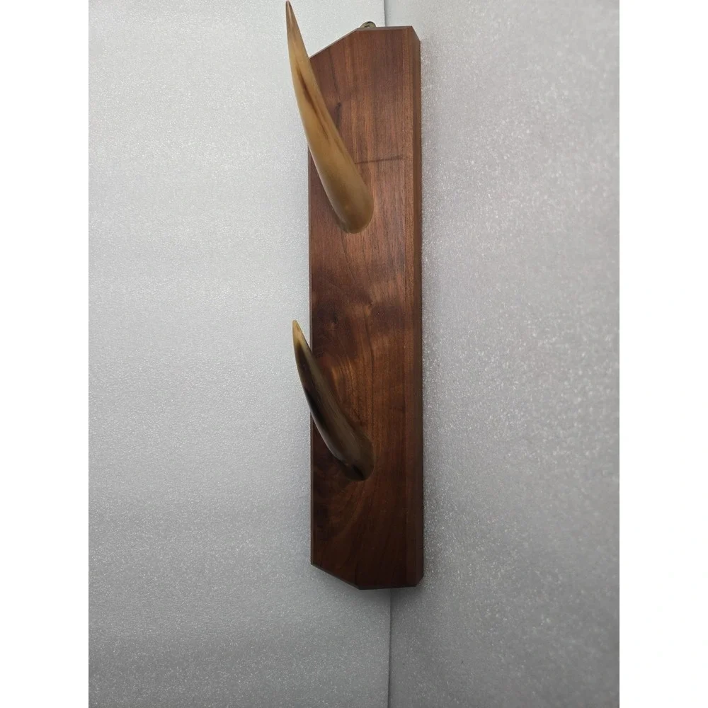Mid Century Modern Wood Wall Coat Rack 2 Horn Hooks Teak Danish Style Vtg 15